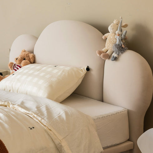 Marlee Shaped Headboard White Cotton Linen Blend Fabric Bed Frame Queen Size